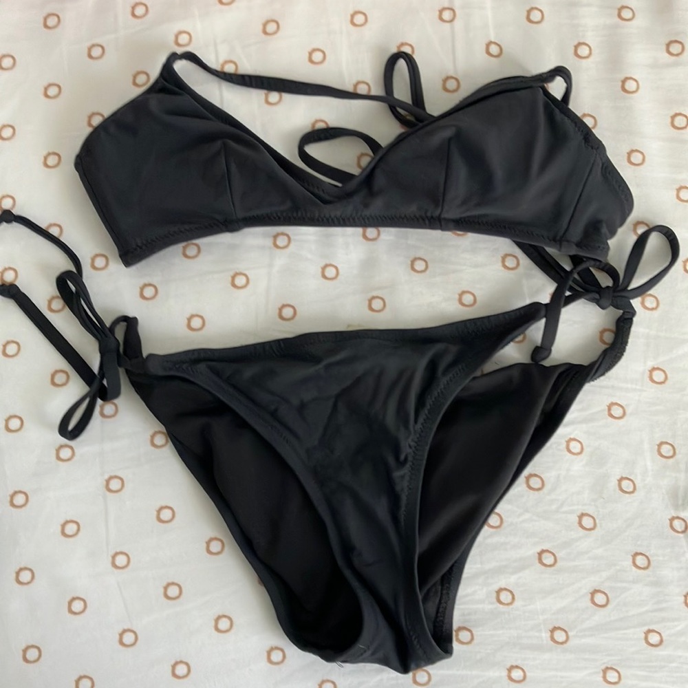 Black French jcrew string hipster bikini swim suit small cross back tie strap